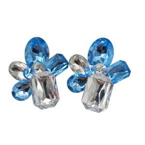 Vintage 1980s Blue Clear Rhinestone Clip-On Earrings Bling